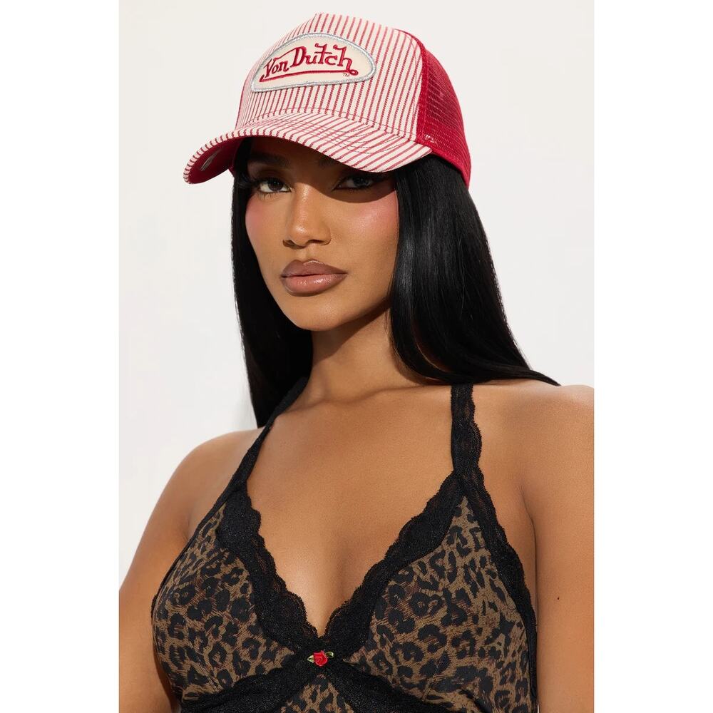 Von Dutch Trucker Hat Red/White Stripe Embroidered Logo Cap - Picture 7 of 7